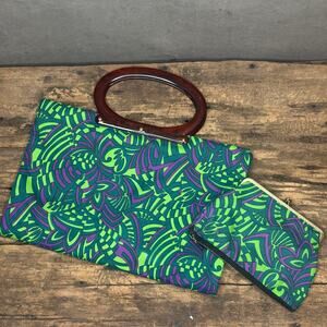 Vintage Ladyspride Psychedelic Print Tote Bag Lucite Handle Matching Pouch Set